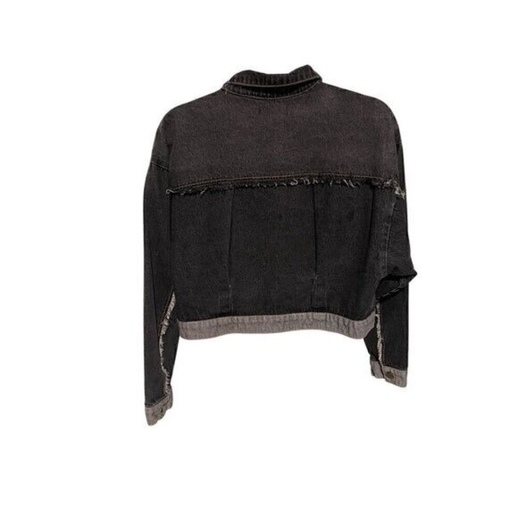 Shein Women’s Black Cropped Denim Jacket Small Distressed Frayed Hem Pockets - Picture 2 of 10